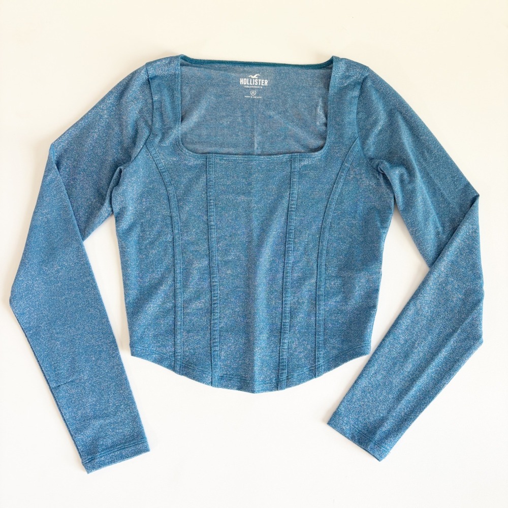 Hollister Womens Blue Metallic Shimmer Corset Seam Y2K Glam Long Sleeve Top M